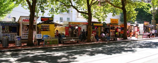 line of food trucks, Portland, OR