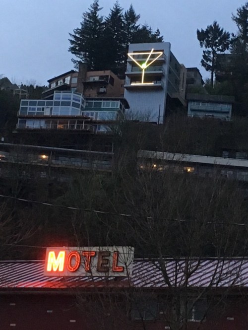 Above a motel, lives a martini.